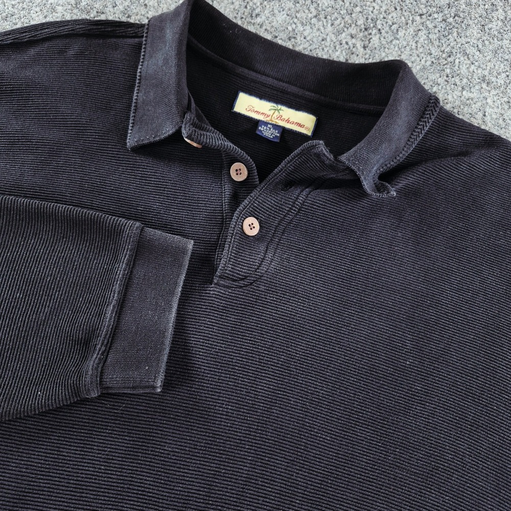 Tommy Bahama Mens XL Black Silk Blend Ribbed Long Sleeve Polo Shirt